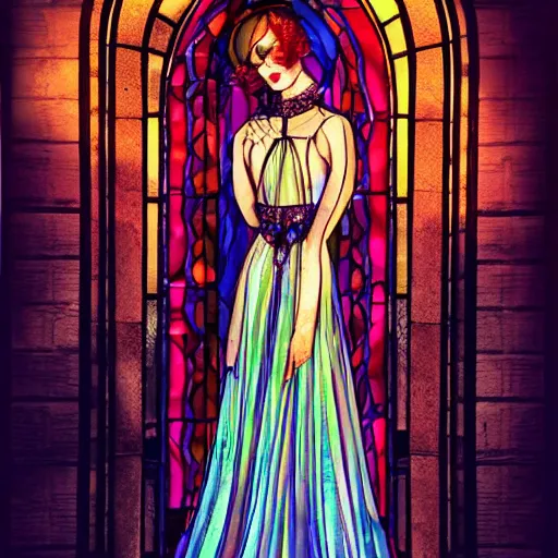 Prompt: beautiful woman wearing stained glass dress, dusk on a city street, in the style of Anna Dittman, fashion photography,