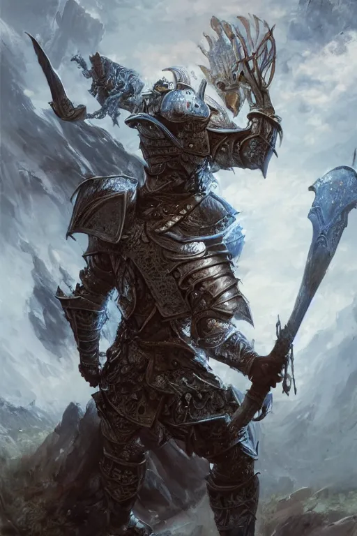 Image similar to Huge fishheaded warrior in armor, portrait, woodlands, magic the gathering artwork, D&D, fantasy, cinematic lighting, centered, symmetrical, highly detailed, digital painting, artstation, concept art, smooth, sharp focus, illustration, volumetric lighting, epic Composition, 8k, art by Akihiko Yoshida and Greg Rutkowski and Craig Mullins, oil painting, cgsociety