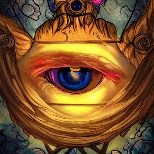 Prompt: giant eye magic spell casting surrounded by magic smoke with some floating magic cards in front of the eye, hearthstone coloring style, epic fantasy style art, fantasy epic digital art