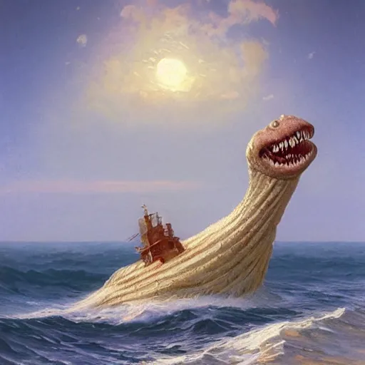 Image similar to an enormous eldritch sea monster peaking it's gigantic head out of the ocean in front of a tiny lifeboat with two children. detailed. photo realistic. john charles dollman. rhads. tianhua xu.