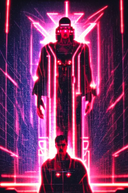 Image similar to cruxifiction of the technochrist, cyberpunk, bladerunner, rain, neon, holy, sacrifice, future, neo testament, video artifacts