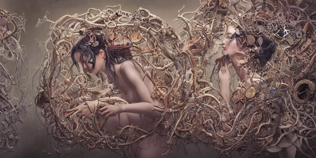 Prompt: hyperrealistic photography of a highly detailed and symmetrical gorgeous female demigorgon deconstructing a poetry machine in the style of Jin Kagetsu, James Jean and wlop, highly detailed, face symmetry, masterpiece, award-winning, sharp focus, intricate concept art, ambient lighting, 8k, artstation