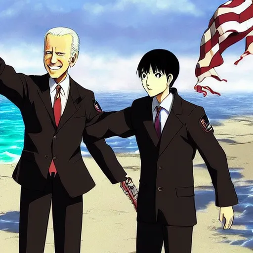 Prompt: Joe Biden pointing at the sea, attack on titan, anime