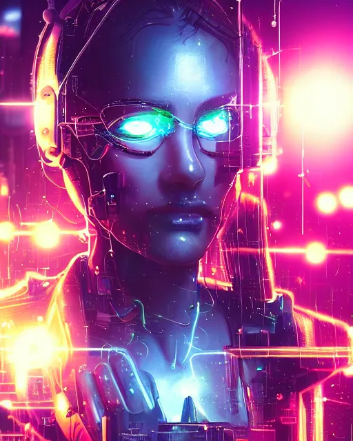 Image similar to a cyberpunk close up portrait of cyborg greek goddess, electricity, sparks, bokeh, soft focus, sparkling, glisten, water drops, cold, dark, geometric, temples behind her, by paul lehr, jesper ejsing