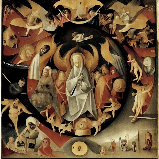 Prompt: the holy spirit and the seven deadly sins, a matte masterpiece inspired by hieronymus bosch