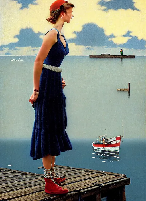 Image similar to a fancy beautiful young lady standing on a wharf at the edge of the sea by rob gonsalves and gil elvgren and harry ekman and george petty and hilo chen and norman rockwell, crisp details, hyperrealism, high detail, high contrast, low light, grey mist, cobblestones, dim lantern