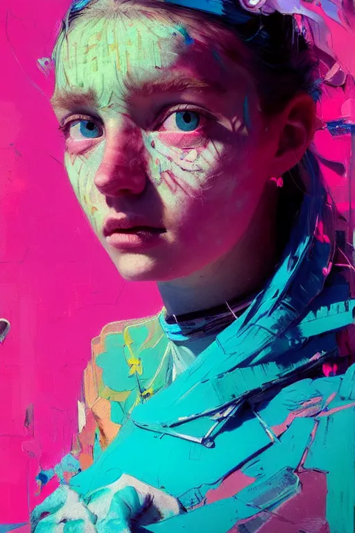 Image similar to portrait of a beautiful girl living in a postapoliptic forgotten world, she has seen war and has seen death, in the colors hot pink and cyan, beautiful face, rule of thirds, complex outfit, spotlight, by greg rutkowski, by jeremy mann, by francoise nielly, by van gogh, digital painting