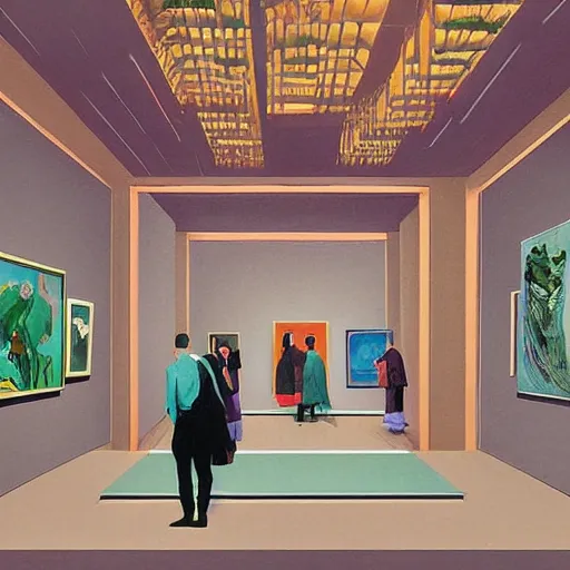 Prompt: digital illustration of modern art gallery, where there is a lot of paintings displayed from various artist, very fashion, displayed on the walls, by Victo Ngai and James Gilleard and Bruce Pennington