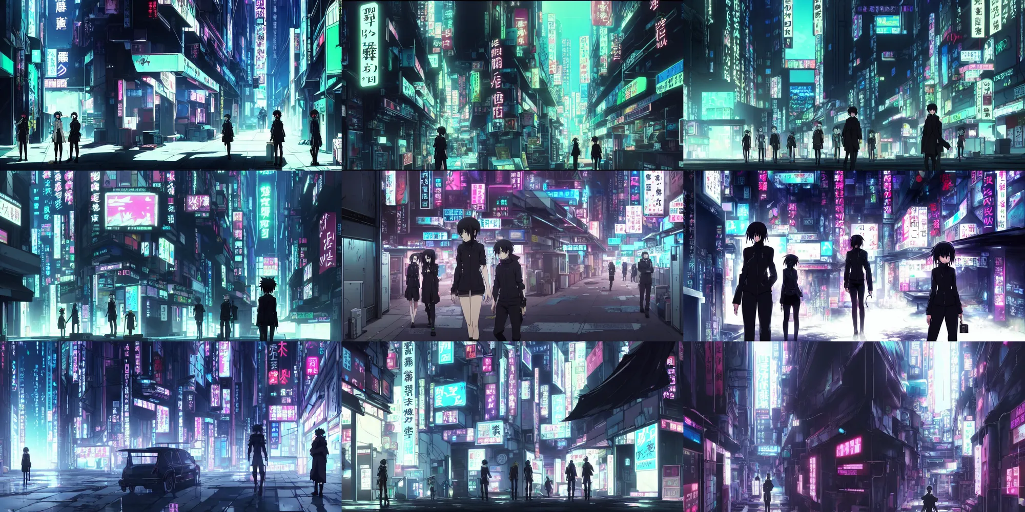 Prompt: A black market quiet quiet quiet marketplace for illegal cybernetics in the cyberpunk anime film, Shichiro Kobayashi, screenshot in the anime series ergo proxy, neon noir