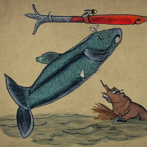 Image similar to a fish having a sword fight with a bear