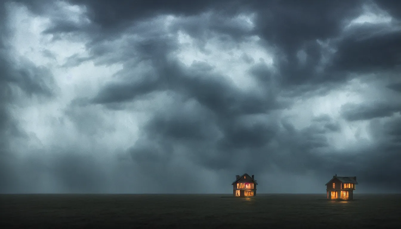 Image similar to lonely house in front lakeside, raining, storm, thunder, atmospheric, scary, claustrophobic, ambient vibe, very detailed, high resolution, 8 k