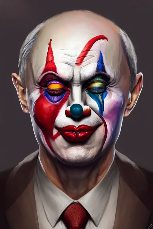 Image similar to Putin wearing Clown Makeup, anatomy, only two hands, highly detailed, digital painting, artstation, concept art, smooth, sharp focus, illustration, Unreal Engine 5, 8K, art by art by artgerm and greg rutkowski and edgar maxence