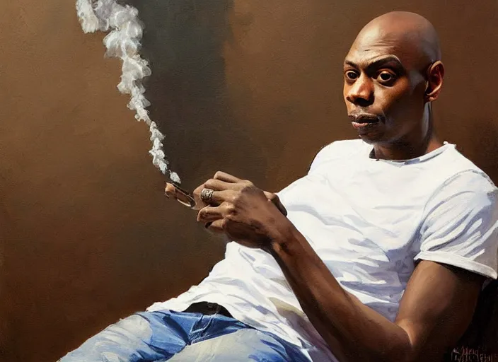 Image similar to a highly detailed beautiful portrait of dave chappelle smoking weed by gregory manchess, james gurney, james jean