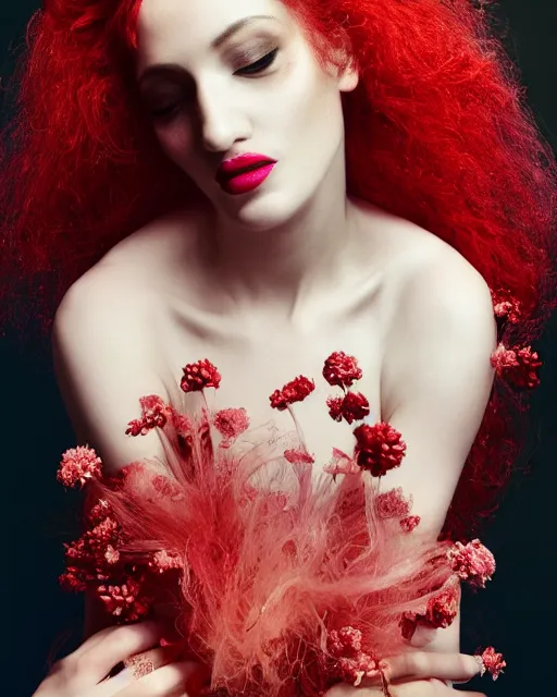 Image similar to Portrait of a Jewish woman, close-up, ice, diamond skin, high sharpness, zeiss lens, fashion photo shoot, flowers, red hair, coral lipstick, on the background black , in semi prakEduard Buba, Annie Leibovitz, Paolo Roversi, David Lazar, Jimmy Nelsson, Eiko Hosoe, artistic, hyper-realistic, beautiful face, octane rendering