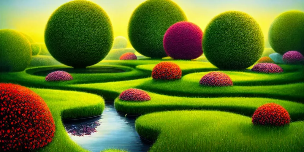 Image similar to Beautiful artwork garden of the future, hedges, Topiary plants, Nice colour scheme, warm colour. Beautiful artistic digital artwork by artist Lurid. (2022), Gediminas Pranckevicius