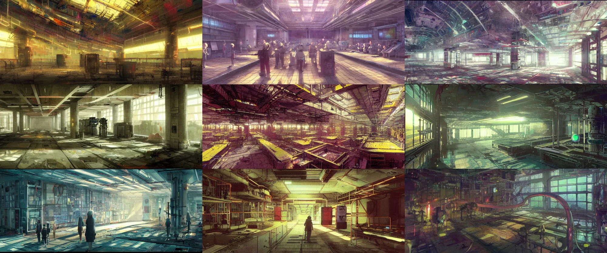 Prompt: Colorful, creepy landscape painting of detailed interior of giant scientific research facility LABO, area 98, west wing, floor Basement-213, anime key visual by Craig Mullins