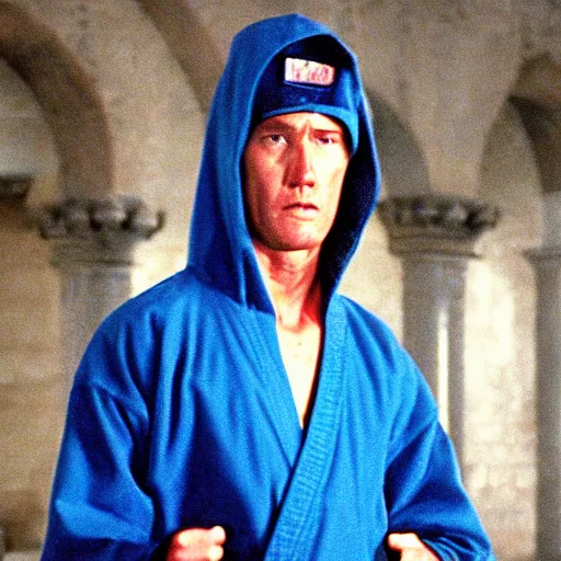 Image similar to linden ashby as a martial artist wearing a light blue hood in a dark medieval castle, 1 9 9 1, movie still