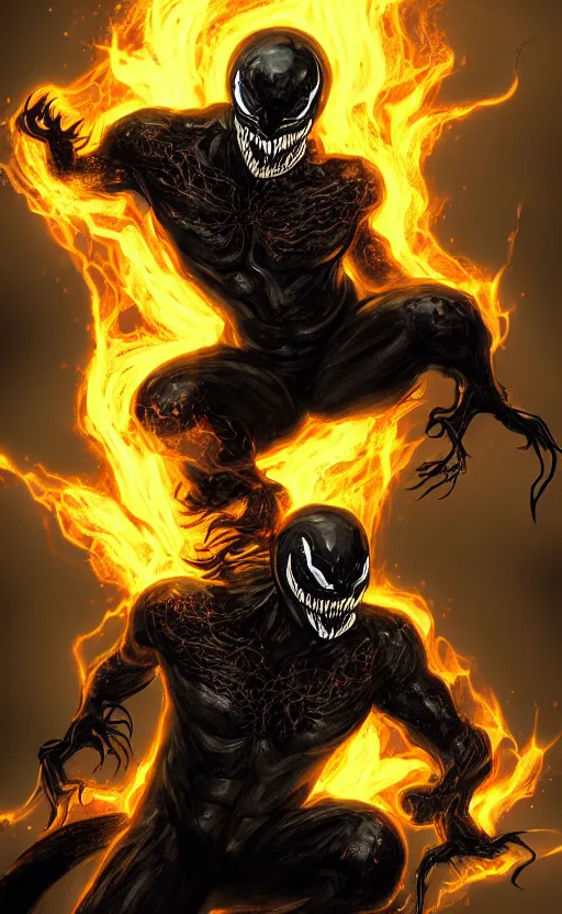 Image similar to venom as ghost rider, dynamic lighting, photorealistic fantasy concept art, trending on art station, stunning visuals, terrifying, creative, cinematic