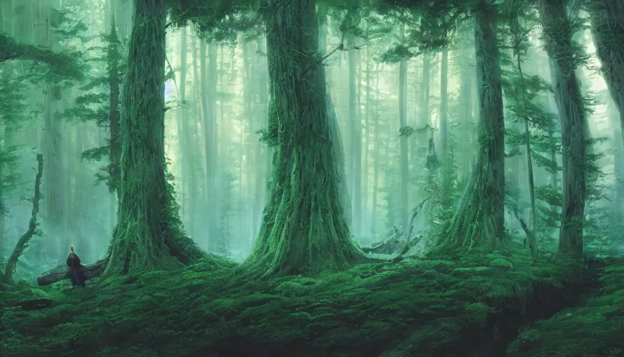 Image similar to beautiful ancient forest, matte painting, beautifully painted, beautiful lighting, enchanted forest, jeremy lipking, studio ghibli, princess mononoke, 8 k, rays of light, amazing detail, princess mononoke background paintings, hayao miyazaki, kazuo oga, enchanted lighting, high contrast, rule of thirds, bright green moss, japanese woodblock prints