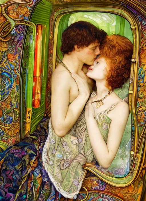 Prompt: detailed colourful masterpiece of intricate art nouveau preraphaelite photography by anne leibovitz couple portrait sat down extreme closeup, love, inside an underwater train, detailed realistic expressions, wearing unusual clothes, ultra wide angle