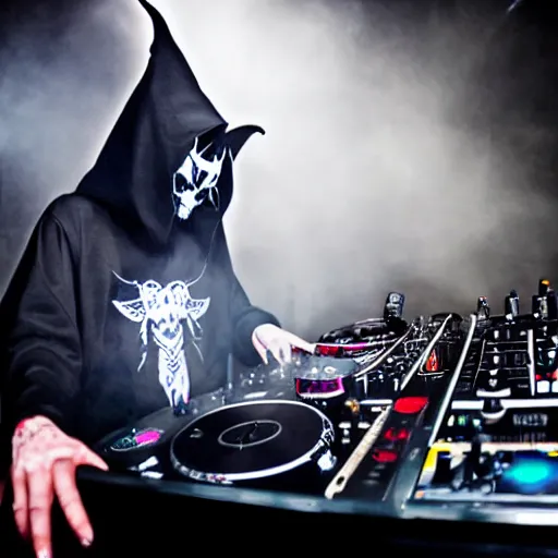 Prompt: baphomet wearing a dark hooded cloak on the dj decks