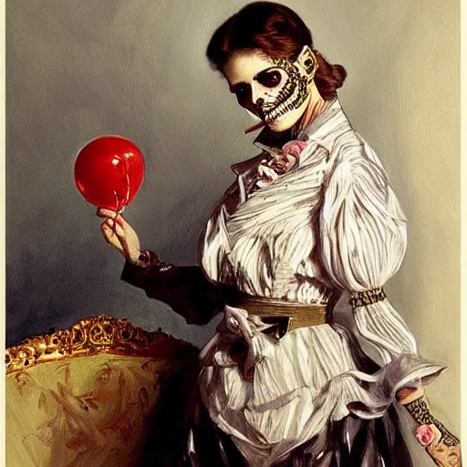 Image similar to painting skull portrait young woman holding a balloon, intricate, elegant, highly detailed,, art by jc leyendecker and singer sargent