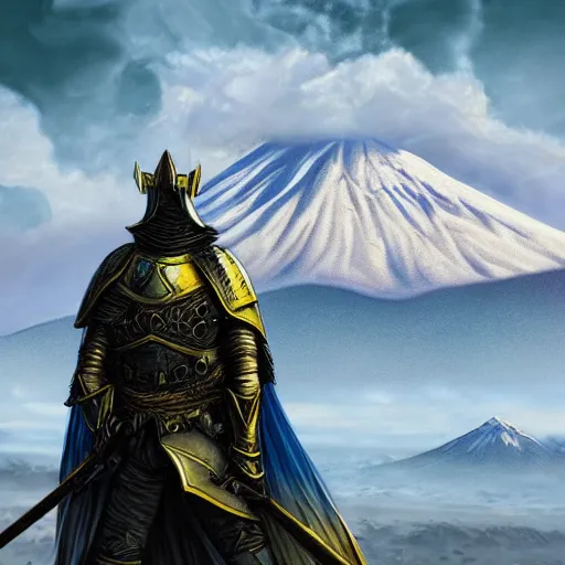 Image similar to realistic portrait of a pale yellow knight in front of mount kilimanjaro, gothic style, festive colors, digital art, trending on artstation, high quality, extreme detail, high quality, hyperdetailed