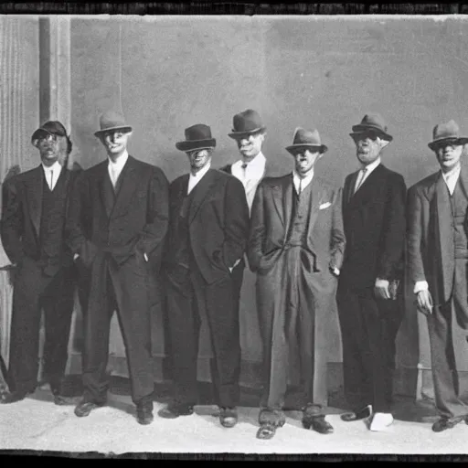 Image similar to 1930s photograph of a new-york mafia gang, staring straight at the camera, film grain, highly realistic, ominous, dramatic lighting, confident poses