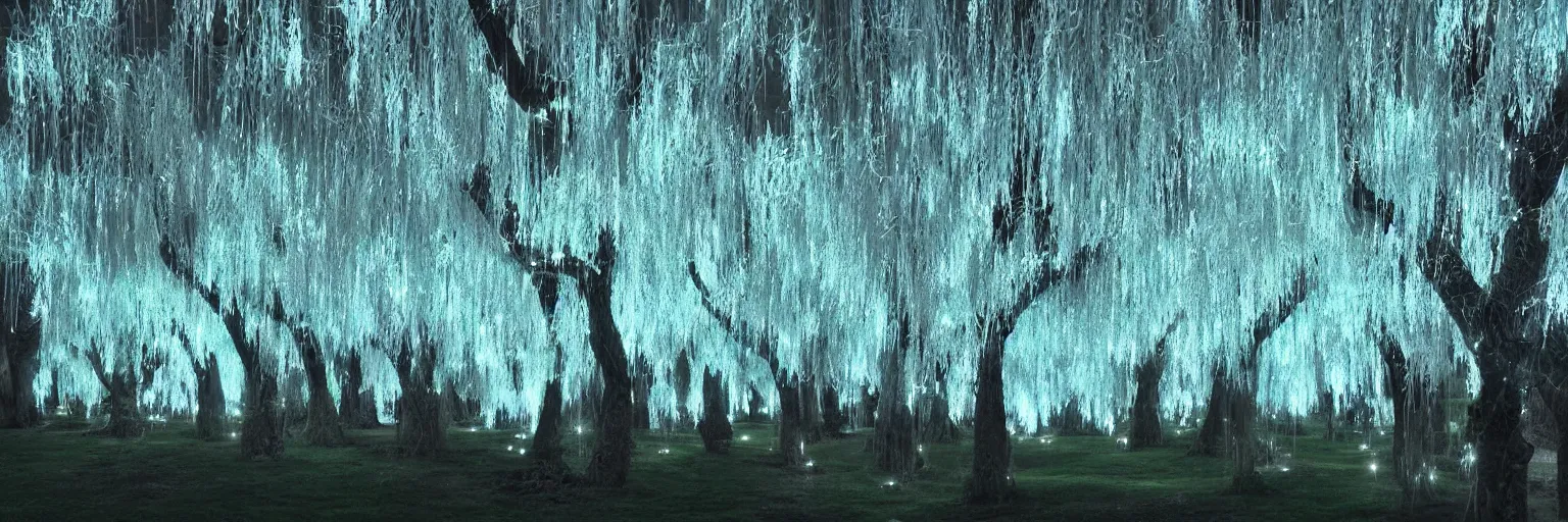 Image similar to “bioluminescent crystal willow trees, Artstation HQ, photorealistic, hiperrealistic, sharp focus, 4k UHD, Unreal Engine 5, cinematic shot, cinematic lightning, dark tones, high contrast, intricate, masterpiece”