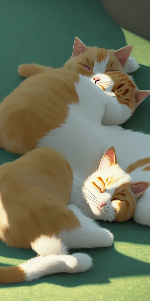 Image similar to a wholesome animation key shot of a ginger and white cat sleeping, close up, studio ghibli, pixar and disney animation, sharp, rendered in unreal engine 5, clear sky, anime key art by greg rutkowski, bloom, dramatic lighting