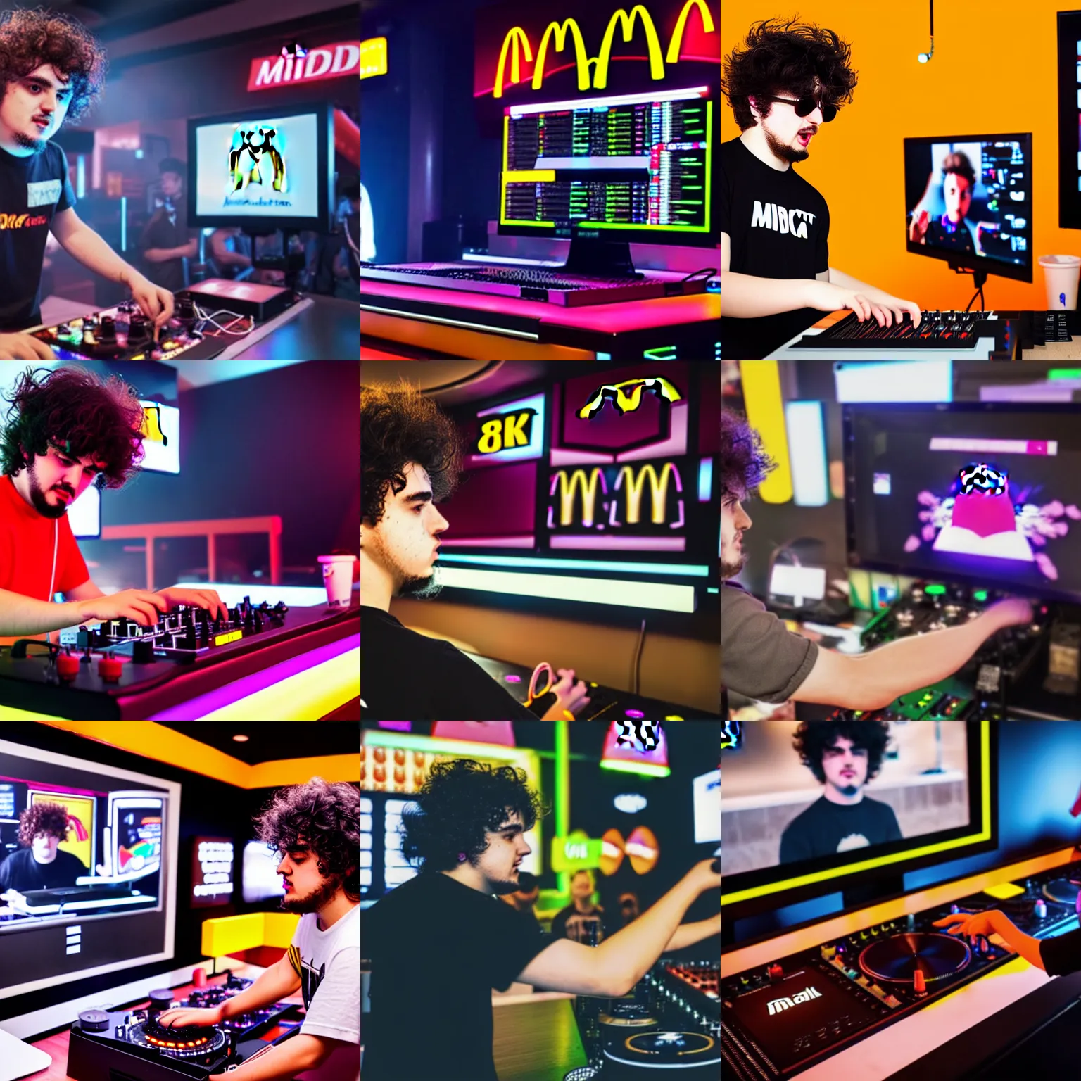 Prompt: photograph of Virtual Riot DJing at a McDonalds, 8K resolution, high detail