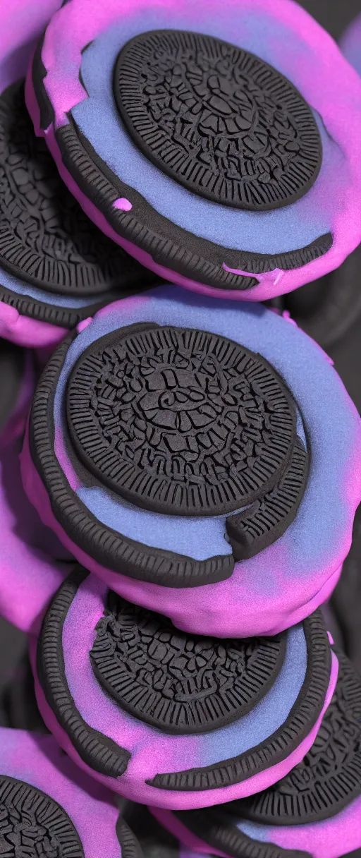 Image similar to octane render of an oreo, three point lighting, pink to blue gradient backround, hyper realistic