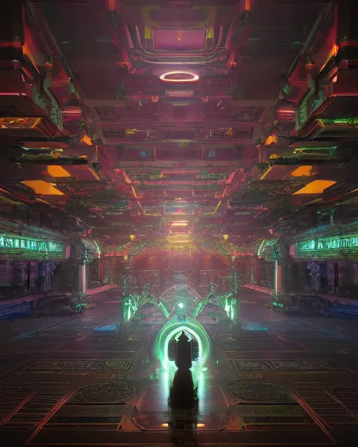 Image similar to fantasy buddhist cyber punk temple in the style of andree wallin, vitaly bulgarov, ambient lighting, octane render