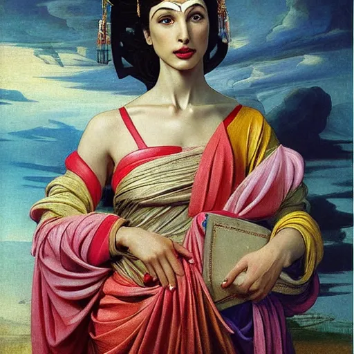 Image similar to Head and shoulders masterpiece portrait oil painting of the beautiful goddess Gal Gadot as Geisha, she is wearing roman clothes and a surreal jewelry, her hair is natural disheveled, she is approaching heaven over the clouds, naturalism, dramatic lighting, high-detailed oil painting by Ilya Repin, Michelangelo da Caravaggio, William Blake, Alex Grey and Beksinski, trending on Artsation, hystorical painting, naturalism, masterpiece, full body shot, 4k, 8k,