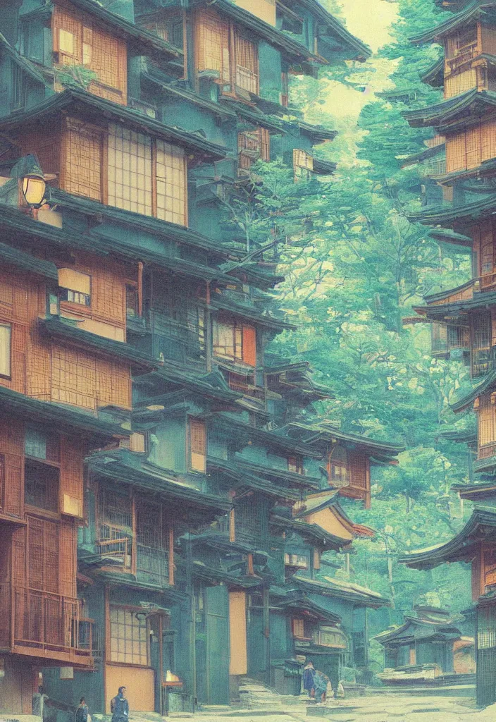 Image similar to a beautiful japanese city in the mountain, amazing ryokans and gorgeous edo era houses, fantastic non human character, epic cyberpunk, lofi vibe, colorful, vivide colors, amazing light, really beautiful nature, by jeremy lipkin, by claude monet, by makoto shinkai, kandinsky touches, inspired by ghibli, masterpiece, beautiful