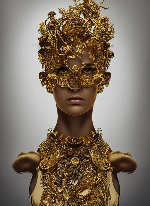 Prompt: sculpture made of gold, portrait, future, shaman, gold, close up, harper's bazaar, vogue, magazine, insanely detailed and intricate, concept art, ornate, luxury, elite, elegant, trending on artstation, by ruan jia, by Kenneth Willardt, by ross tran, by WLOP, by Andrei Riabovitchev,