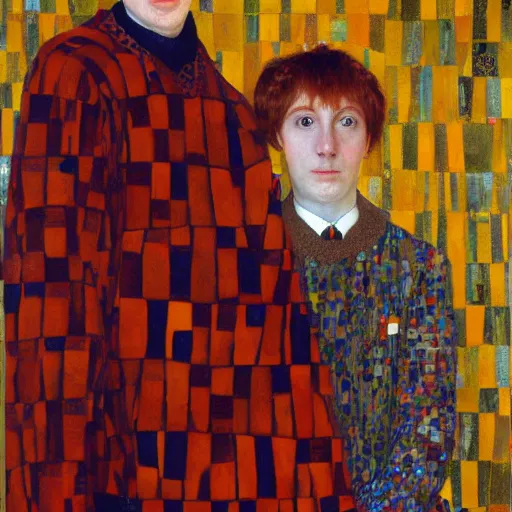 Prompt: painting of fred and george weasley by gustav klimt