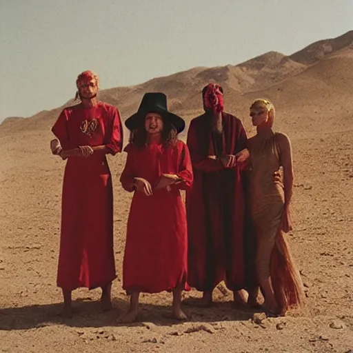 Prompt: a group of esoteric cult members in the desert, by Cinestill 800t trending on Flickr, wear red tunics and a golden mask and jewels