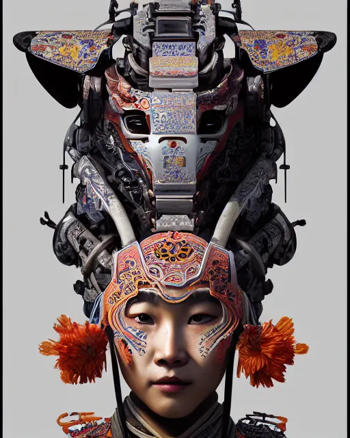 Image similar to portrait of a machine from horizon zero dawn, machine face, upper body, decorated with chinese opera motifs, asian, traditional chinese art, intricate, elegant, highly detailed, digital painting, artstation, concept art, smooth, sharp focus, illustration, art by artgerm and greg rutkowski and alphonse mucha, 8 k