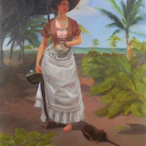 Prompt: brown rat at a tropical beach wearing edwardian style dress oil on canvas