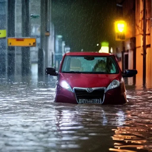 Image similar to city is flooded by heavy rain. A guy is sitting on the top of the A car is middle of the street flooded.