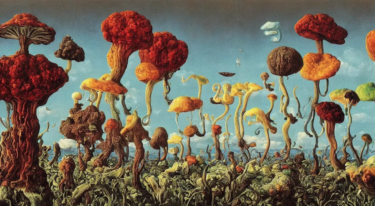 Image similar to a single colorful! ( lovecraftian ) fungus white! clear empty sky, a high contrast!! ultradetailed photorealistic painting by jan van eyck, audubon, rene magritte, agnes pelton, max ernst, walton ford, andreas achenbach, ernst haeckel, hard lighting, masterpiece