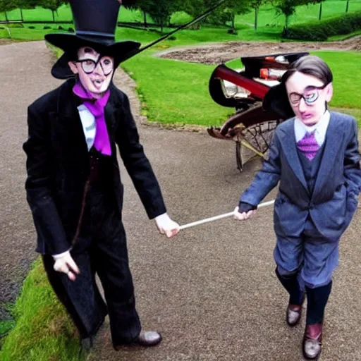 Prompt: a photo of jacob rees - mogg as the childcatcher, chitty chitty bang bang