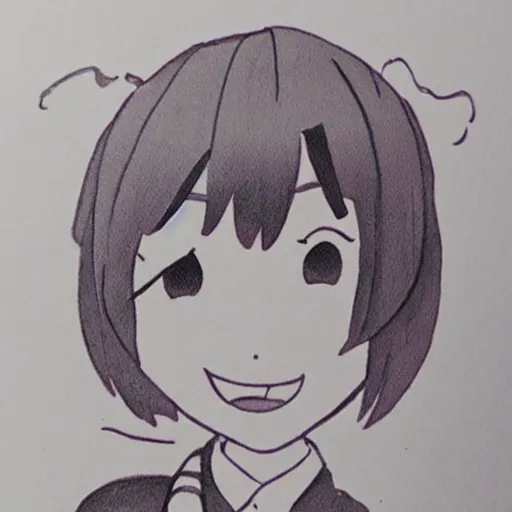 Prompt: a perfect professional sketch of a funny and cute Japanese schoolgirl, by ink pen, in style of Disney Pixar, CalArts, on high quality paper