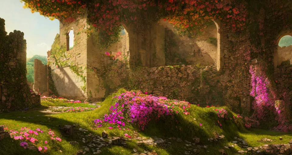 Prompt: castle ruins with colorful flowers and trees by lawrence alma - tadema ; dramatic lighting, sunshine rays, deep colors, colorful, beautiful, cel - shaded, amazing depth ; octane render, trending in artstation, behance hd, unreal engine, photography, hyperdetailed