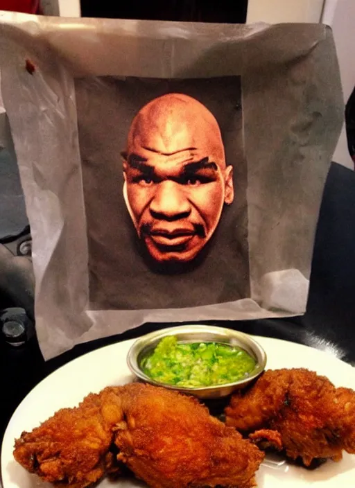 Image similar to fried chicken with mike tyson's face.