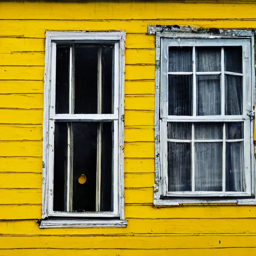 Image similar to the yellow house with eye on window, liminal space