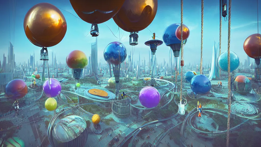 Prompt: large colorful futuristic space age metallic steampunk balloons with pipework and electrical wiring around the outside, and people on rope swings underneath, flying high over the beautiful futuristic city landscape, professional photography, 8 0 mm telephoto lens, realistic, detailed, digital art, unreal engine