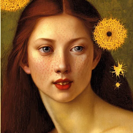 Image similar to portrait of a happy young woman, among the lights of golden fireflies and nature, long loose red hair, intricate details, green eyes, hint of freckles, round gentle face, gorgeous dress, deep focus, smooth, sharp, golden ratio, hyper realistic digital art by artemisia lomi gentileschi and leonardo da vinci and artgerm