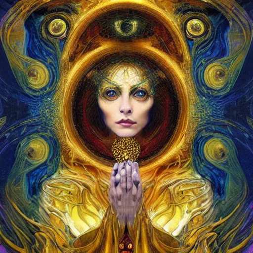 Image similar to Divine Chaos Engine by Karol Bak, Jean Deville, Gustav Klimt, and Vincent Van Gogh, beautiful visionary mystical portrait, sacred, otherworldly, fractal structures, Surreality, ornate gilded medieval icon, third eye, spirals, horizontal symmetry